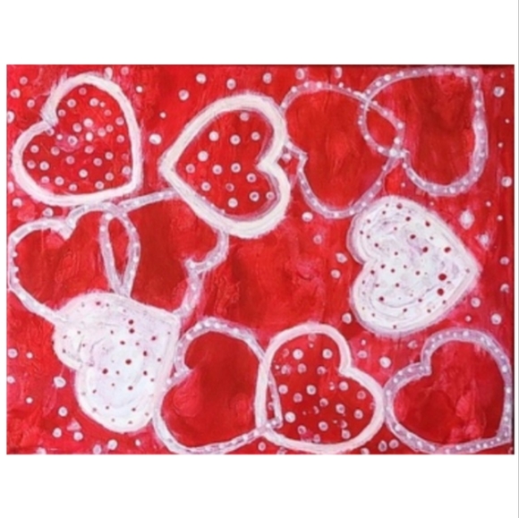 Hand Crafted Red and White Heart Abstract Design 11x14 Inches Canvas Painting - Picture 3 of 4